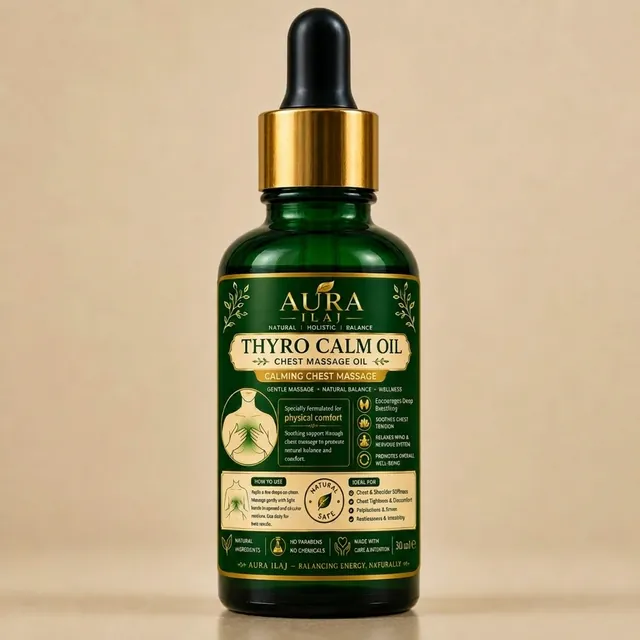 Thyro Calm Chest Massage Oil — green bottle with botanical label