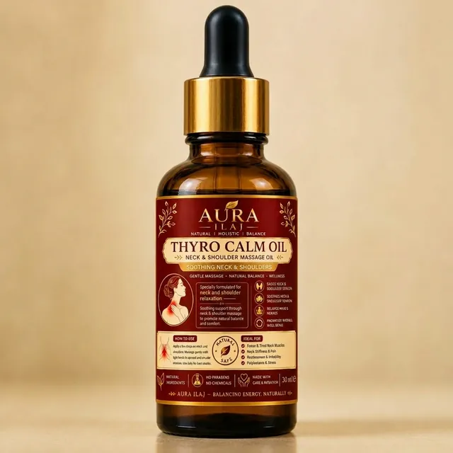 Thyro Calm Neck & Shoulder Massage Oil — red bottle with botanical label